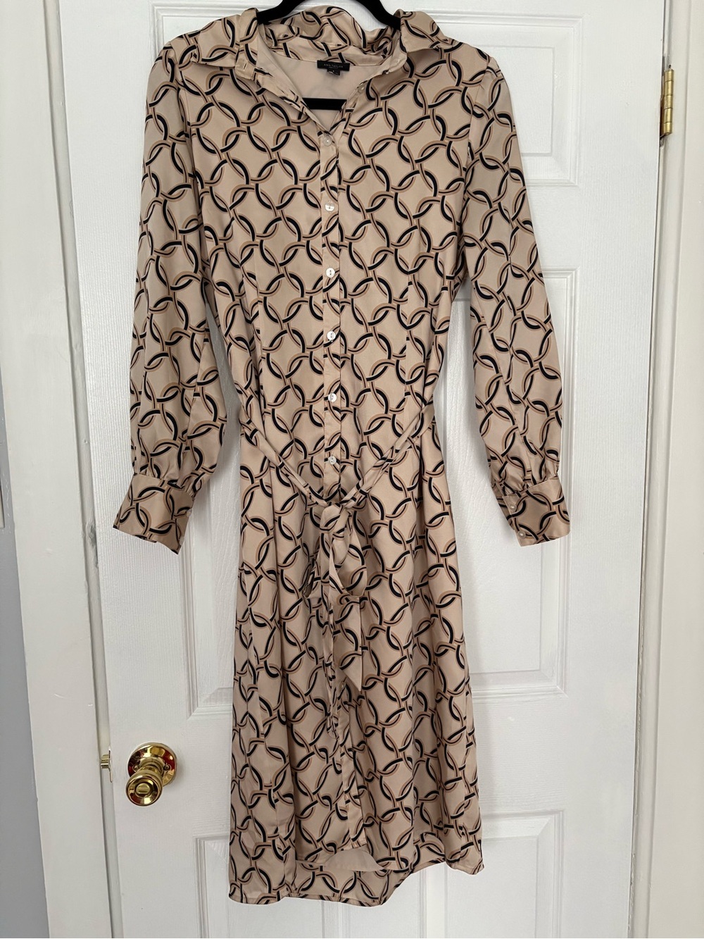 Ann Taylor Factory Beige & Black Chain Link Print Midi Shirt Dress Size Small